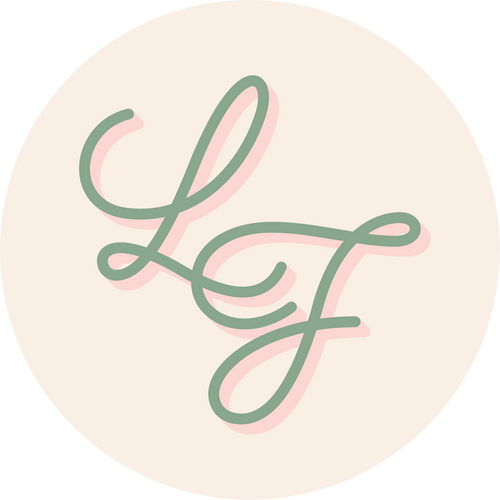 lucky franklin LF icon logo in cottagecore color scheme of sage green, blush pink and ivory
