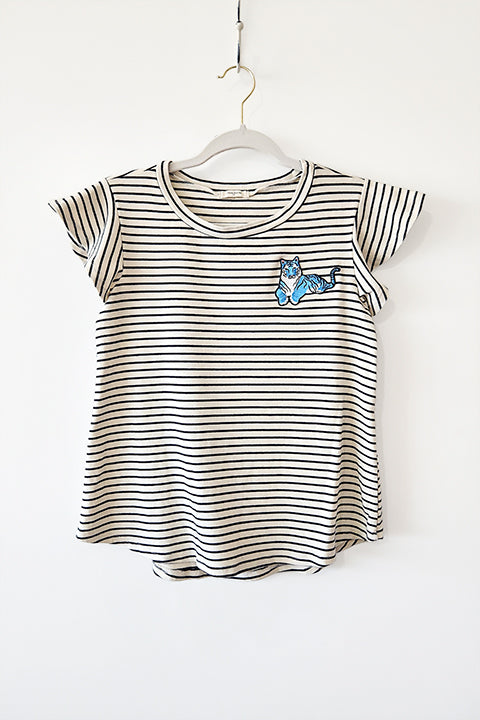 upcycled secondhand tee black and white stripe embroidered patch blue tiger