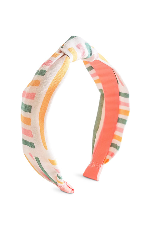 upcycled handmade headband made from a 100% cotton fabric scraps in a happy stripes geometric print with cream, mustard yellow, green and pink