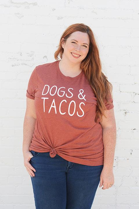 dogs and tacos crewneck tee in clay rust on model