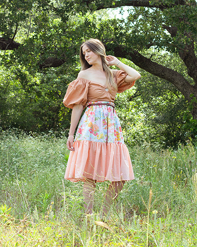 cottagecore aesthetic flora cotton midi skirt bright floral print and peach gingham
