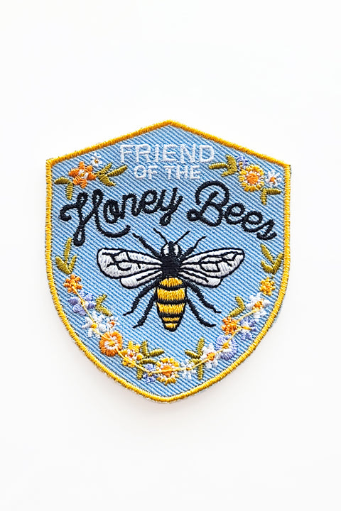 friend of the honey bees embroidered patch with bumblebee and floral design
