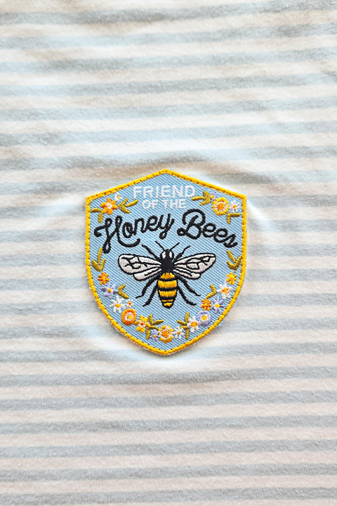 friend of the honey bees embroidered patch details on striped tee