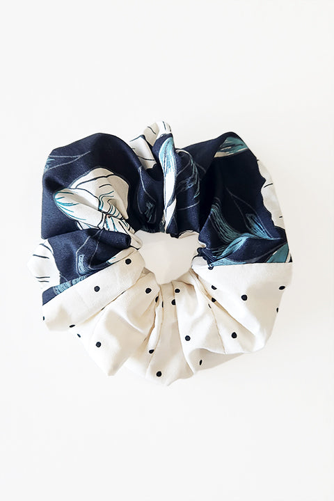 magnolia black and white floral print and bw polka dot print upcycled scrap scrunchie