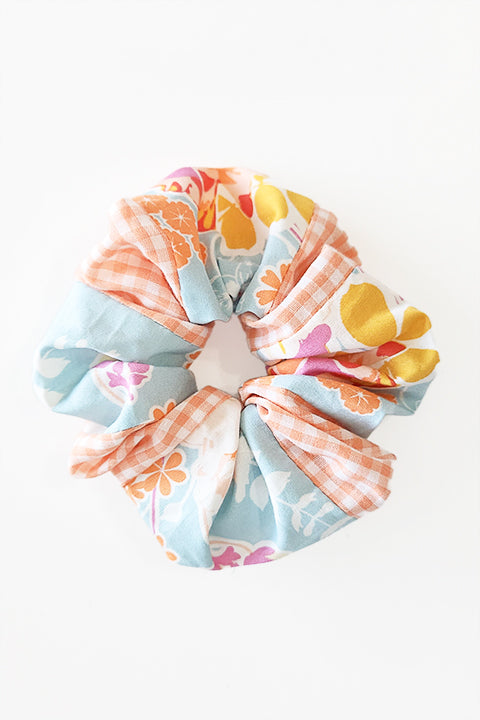 patchwork mosaic floral and peach gingham upcycled scrap scrunchie