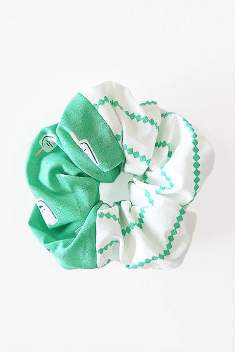jade green popsicles print and green diamond stripes two color upcycled scrap scrunchie