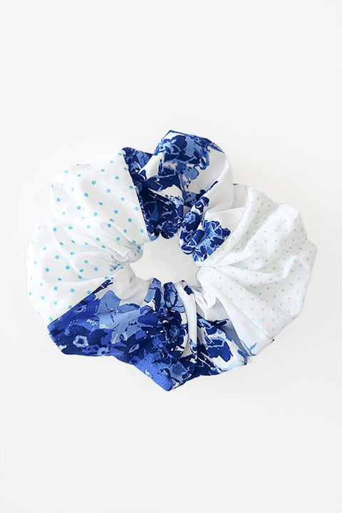 blue rose floral print and blue polka dots patchwork scrap scrunchie