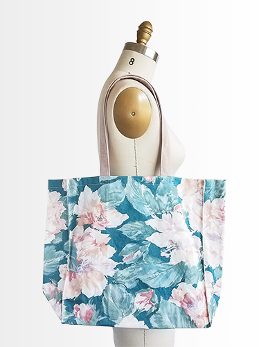 upcycled vintage textile reusable market tote bag pastel peonies