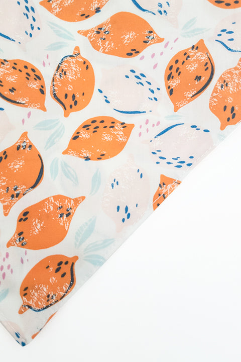 orange and pink citrus print side zoomed in detail of make lemonade reversible pet bandana. prints feature lemon and oranges in shade of yellow, orange and pink.
