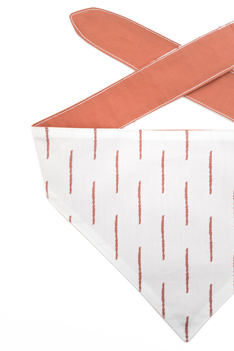 zoomed in view 100% cotton reversible dog bandana in rust and white boho stripes