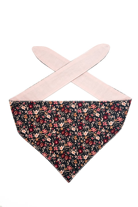 100% premium cotton reversible 2 in 1 pet bandana made in a mini floral print for the front and a blush pink solid fabric for the reverse