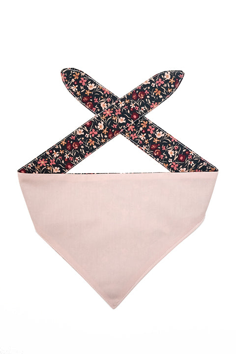 100% premium cotton reversible 2 in 1 pet bandana made in blush pink solid fabric for the reverse and a mini floral print for the front