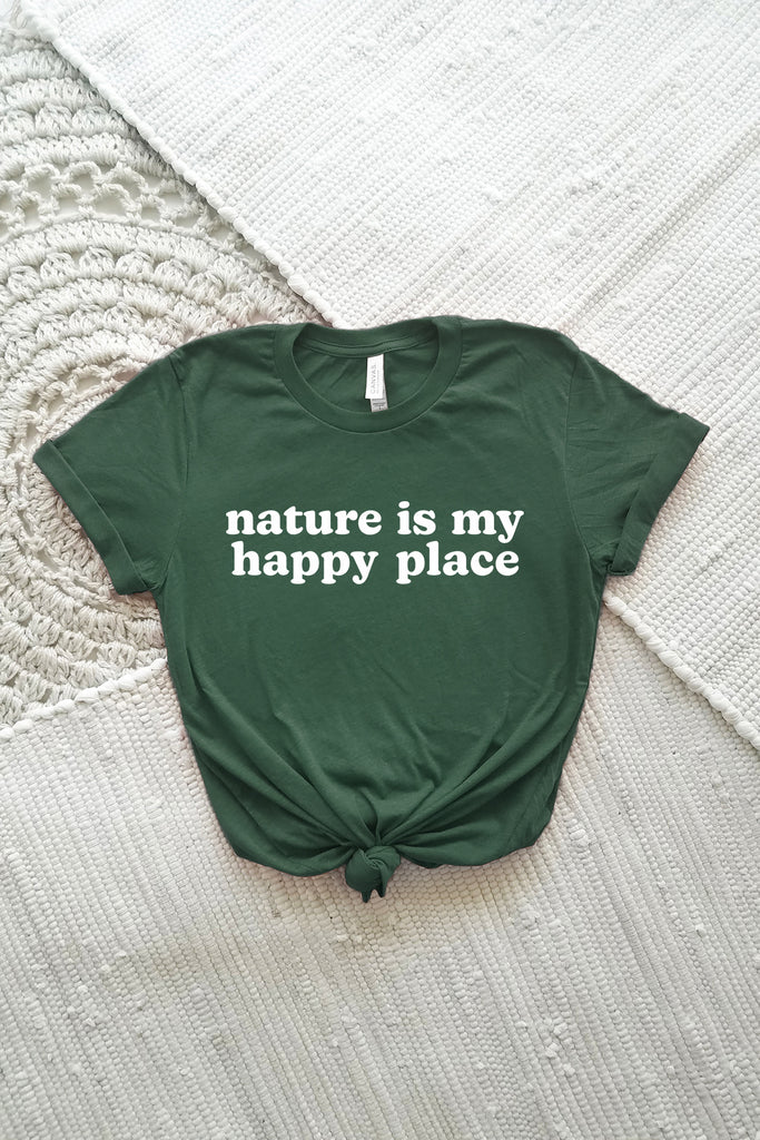flat lay image of a heather forest green unisex Bella & Canvas crewneck tee screenprinted with nature is my happy place in a white blocky font