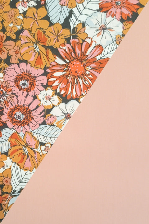 fabric swatch options showing a combo of the rustic blooms floral print and the blush pink solid fabric
