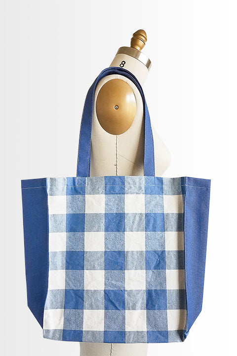 vintage textile market tote made from 100% cotton fabric, vintage blue check and blue canvas