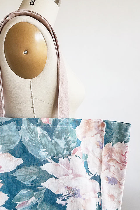 detail view vintage textile market tote made from 100% cotton fabric, vintage giant floral pastel peony print and pink cotton denim 