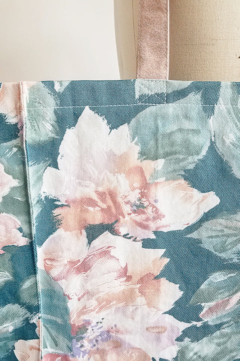 stitching view vintage textile market tote made from 100% cotton fabric, vintage giant floral pastel peony print and pink cotton denim 